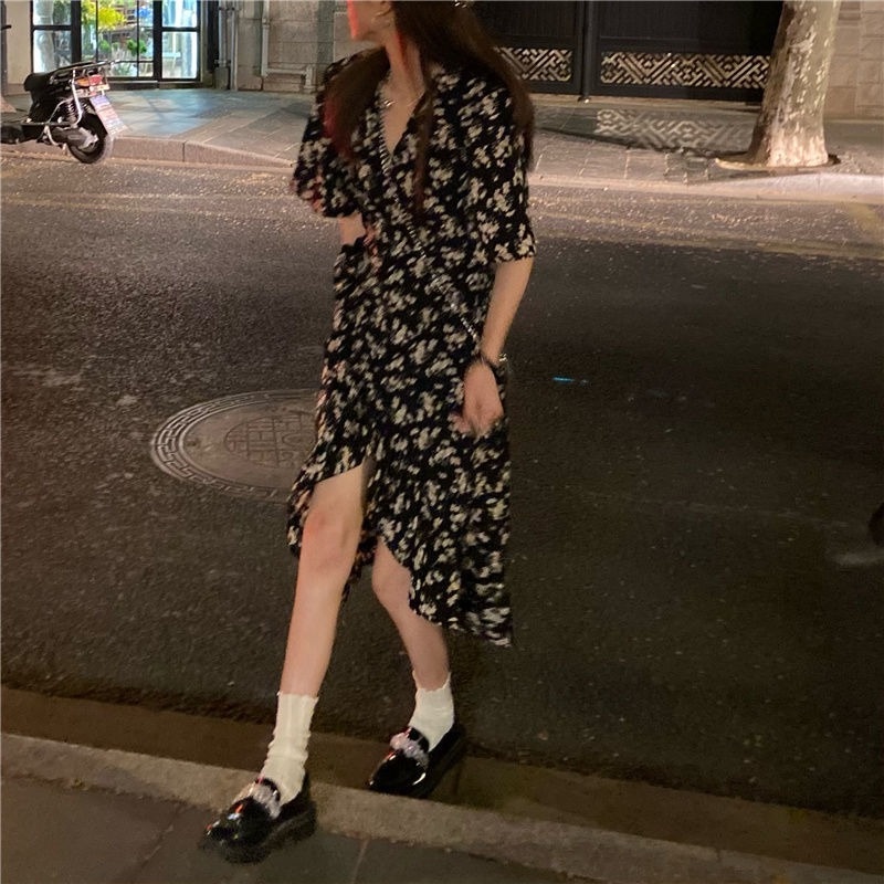 Đầm Tay Ngắn Eo Cao In Họa Tiết Hoa Phong Cách Hàn Quốc Thời Trang Mùa Hè