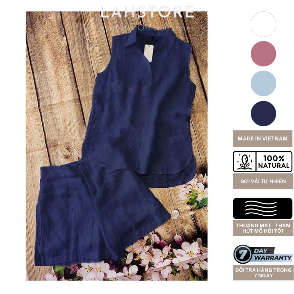 Đồ Bộ Linen Nữ LAHSTORE Áo Sát Nách Cổ Bẻ & Quần Cộc Lưng Thun