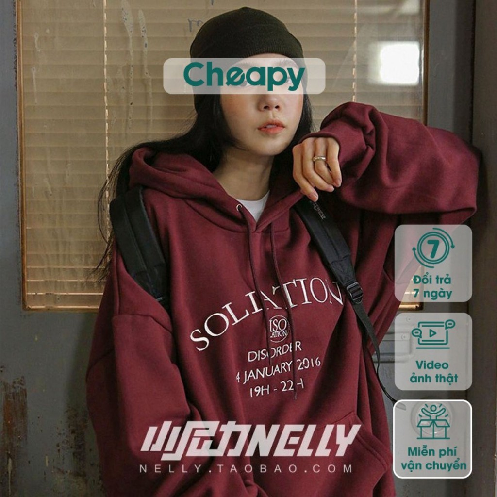 Áo hoodie nỉ nam nữ Soliation đỏ đô Cheapy freesize phom rộng có mũ phong cách hàn quốc C587