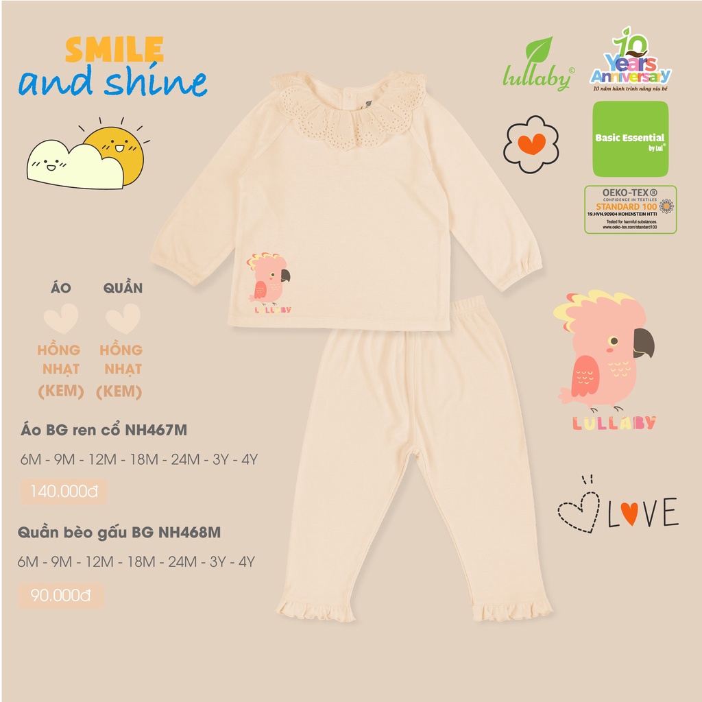 [CHÍNH HÃNG] Bộ quần áo ren cổ quần bèo chất liệu bamboo mềm mại in họa tiết bé gái Lullaby