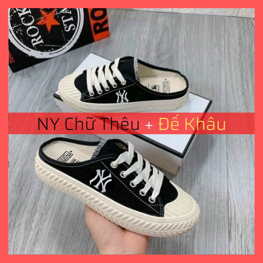 Giày Sục NY Chữ Thêu Đạp Gót Thể Thao Đế Độn 4cm Bản Đẹp, Giày Đạp Gót Mlb Đen Hot Nhất Đế Khâu