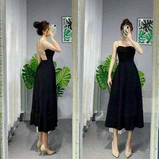 [FreeShip] [Có sẵn][Ảnh thật] [Ha Jin Shop] Đầm Maxi 2 Dây Đen Đan Chéo Lưng – Freesize Dưới 55kg