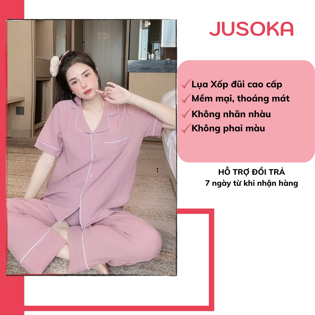 Đồ ngủ nữ Pijama mặc nhà chất liệu xốp nhún áo cộc quần dài siêu mềm mịn JUSOKA TN01