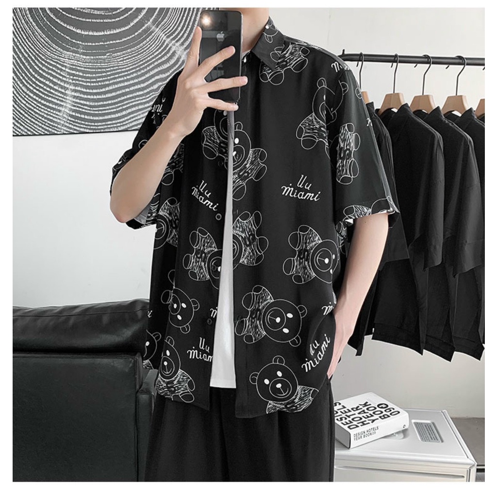 Áo sơ mi nam tay ngắn kiểu họa tiết gấu local brand DOLARO, sơ mi nữ form rộng hàn quốc đẹp giá rẻ