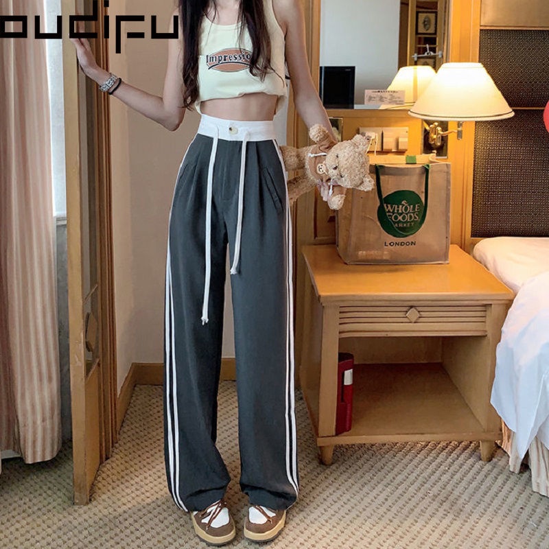 Quần Dài Lưng Cao Ống Rộng Màu Sắc Tương Phản Thời Trang Mùa Hè Cho Nữ