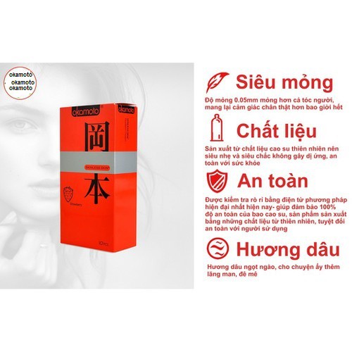 [CHÍNH HÃNG 100%] Bao Cao Su Okamoto Strawberry hương dâu hộp 10 chiếc, Nhật Bản,Siêu mỏng đột phá mới mẻ với hương dâu