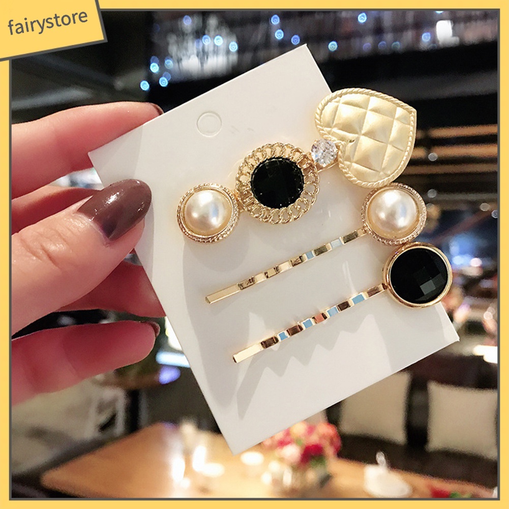 Set 3 kẹp tóc hình vương miện / ngọc trai giả thời trang