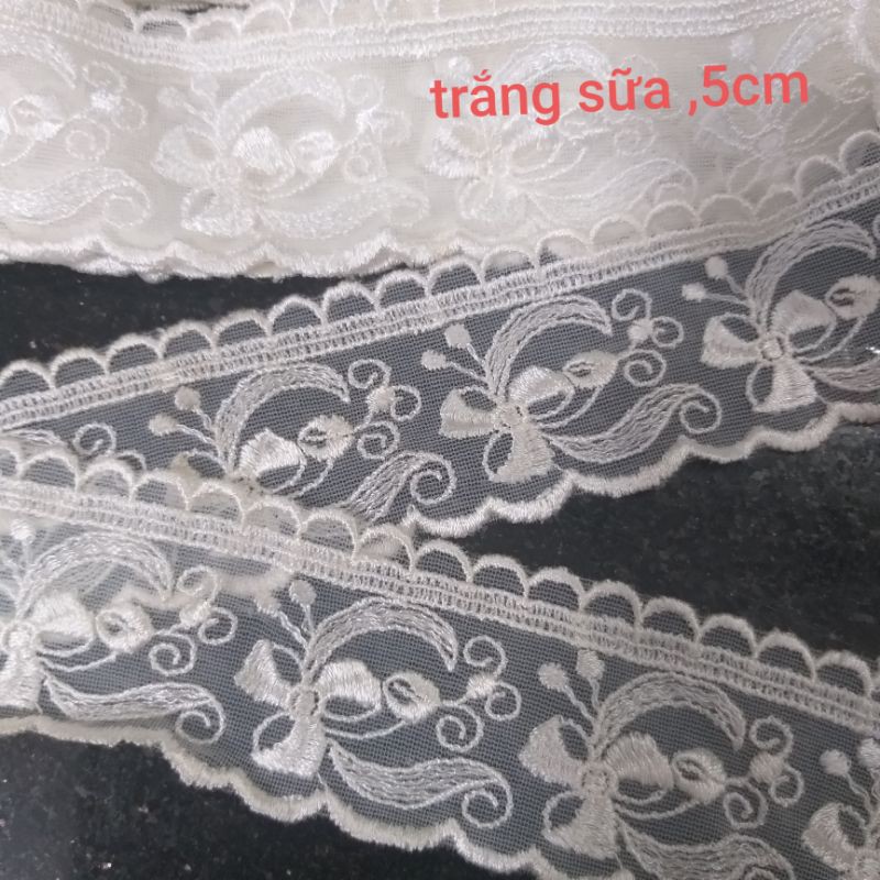 Ren lưới thêu trang trí , màu trắng sữa, size từ 2_6.5cm (dây 2m)