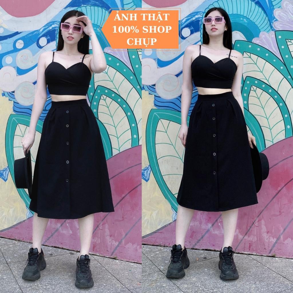 Chân Váy Dài Midi Dáng Xòe Phối 5 Nút Giữa Siêu Đẹp