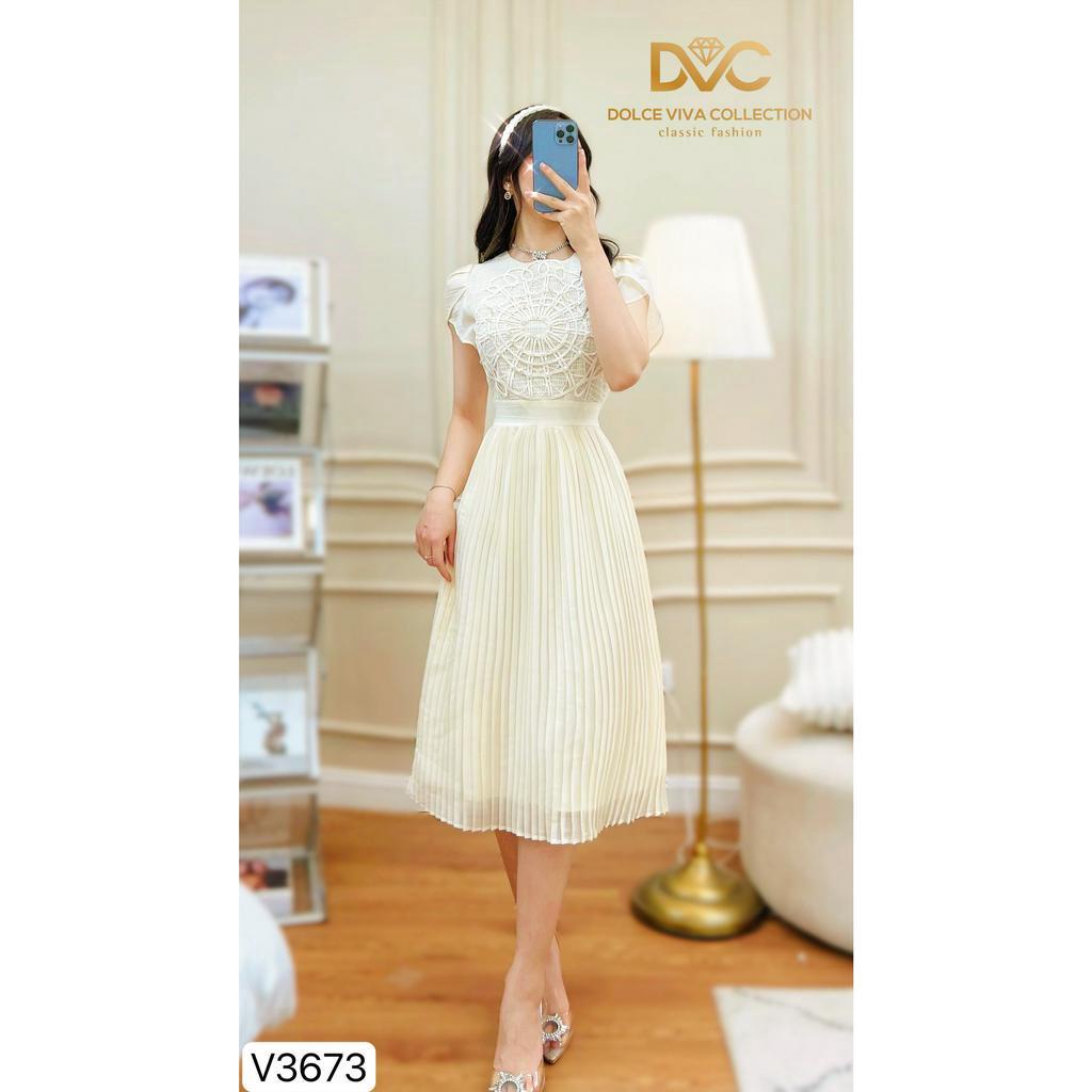 VÁY NỮ DÁNG DÀI, VÁY ĐI CHƠI BE XẾP LY PHỐI REN LƯỚI ĐÍNH NGỌC TIỂU THƯ V3673 - DVC