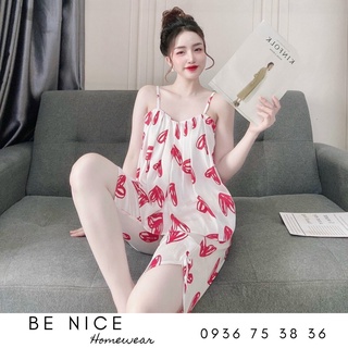Set lụa latin mặc nhà dây xếp li lửng, Be Nice Homewear
