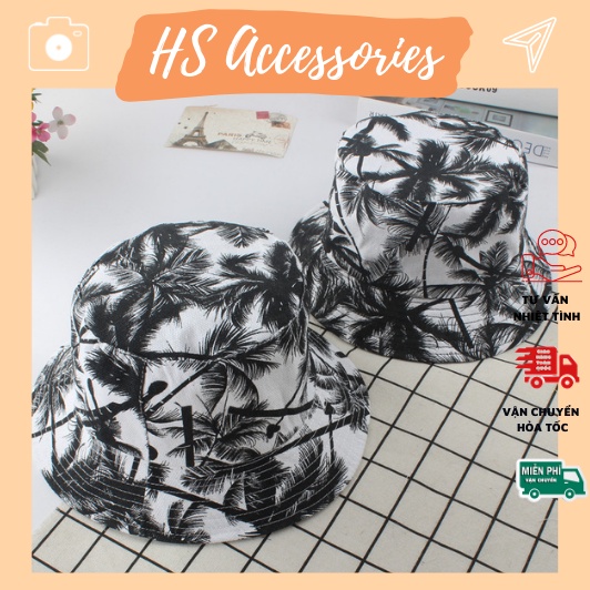 Mũ tai bèo hai mặt hình cây dừa, nón bucket vành tròn form unisex nam nữ - B13