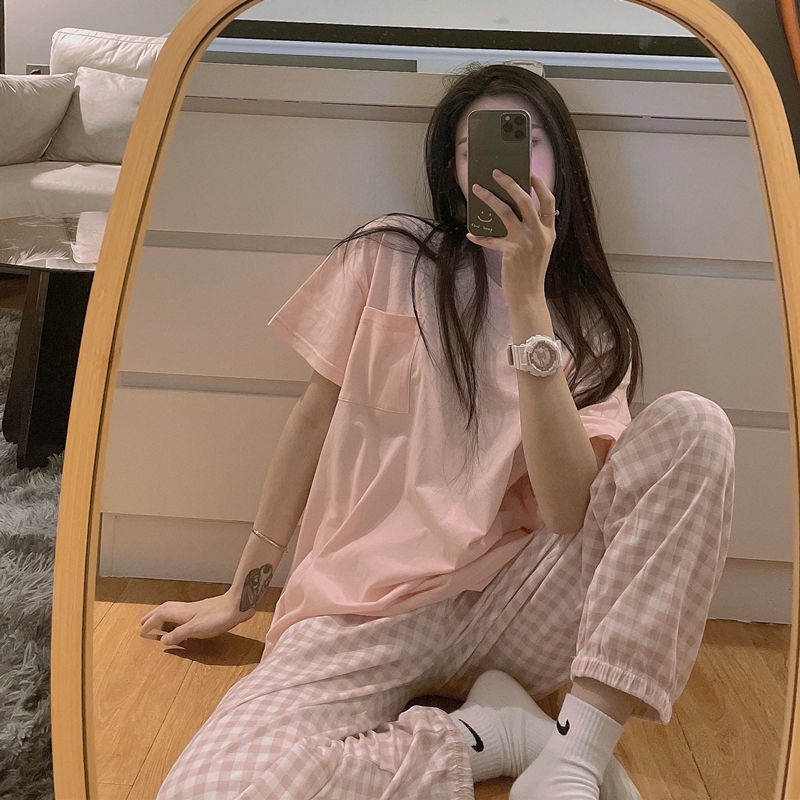 Bộ đồ ngủ dài tay hoa văn kẻ ô phong cách hàn quốc ngọt ngào