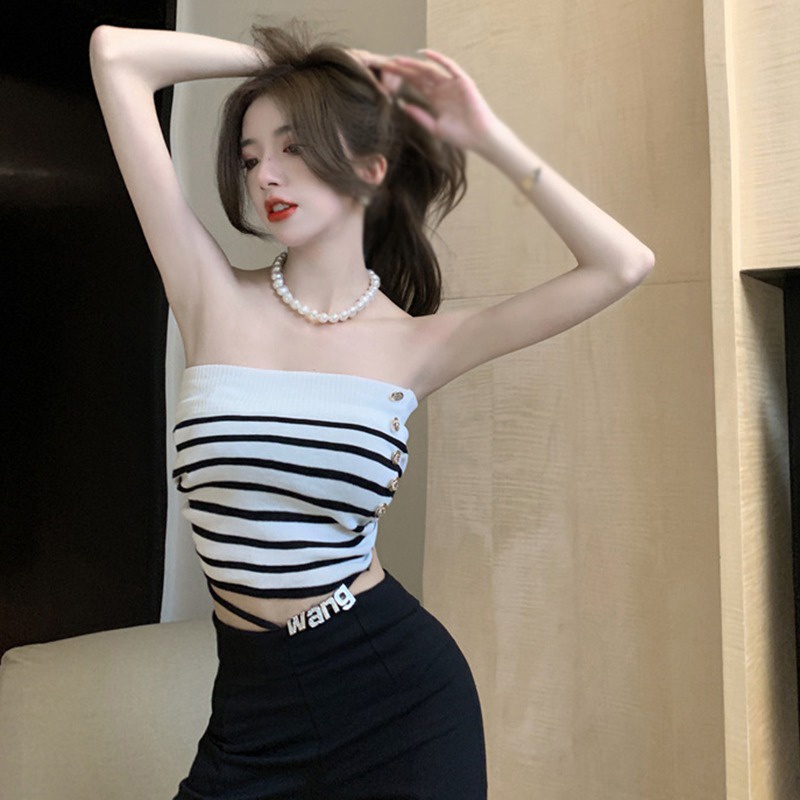 Áo Ống Ngắn Một Bên Vai Họa Tiết Kẻ Sọc Cho Nữ