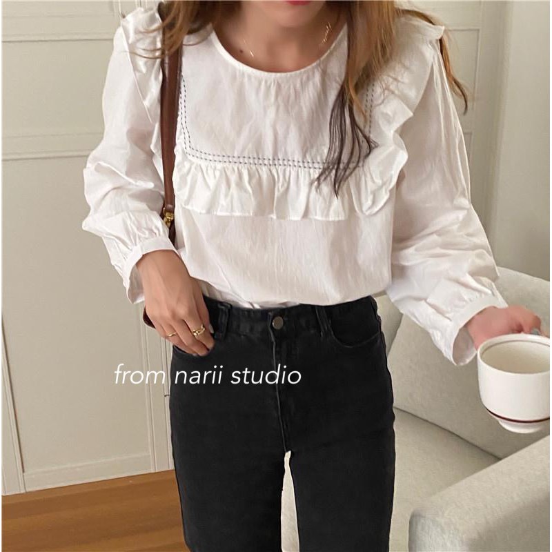 Áo sơ mi nữ tay dài NARII áo babydoll trắng Ulzzang Hàn Quốc viền bèo