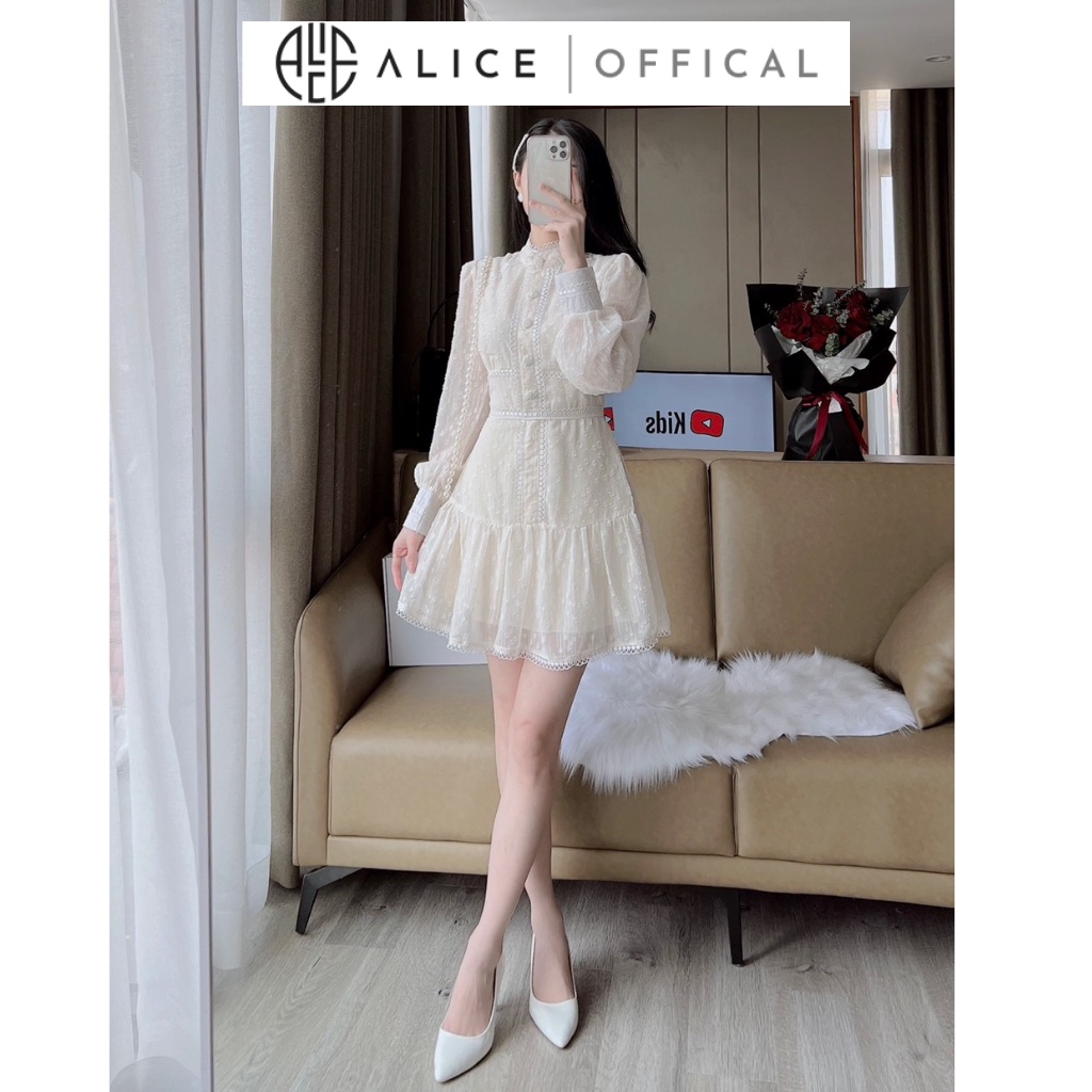 Váy Voan Tiểu Thư Cổ Tàu ALICE Thiết Kế Dài Tay Phối Cúc Bọc, Chât Liệu Mềm Mại Họa Tiết Hạt Sang Chảnh V784