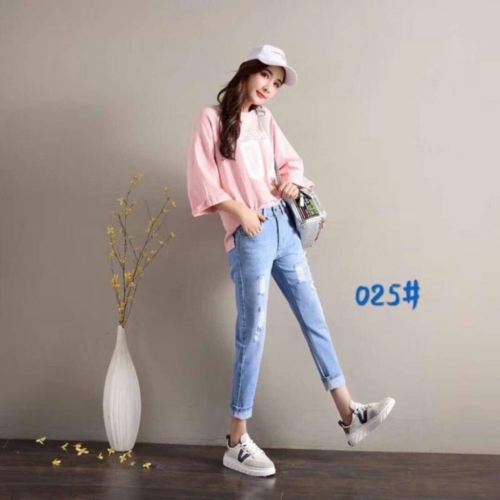 Quần Baggy Jeans Nữ Cạp Cao Lưng Cao Rách Gối Hàng Quảng Châu Cao Cấp