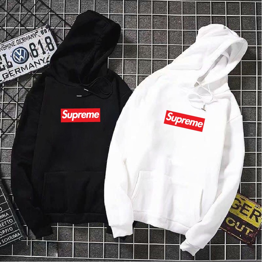 [Siêu ấm] Áo nỉ Hoodie Supre form suông rộng có mũ unisex, chất nỉ bông siêu ấm, màu đen trắng áo sweater basic | BigBuy360 - bigbuy360.vn