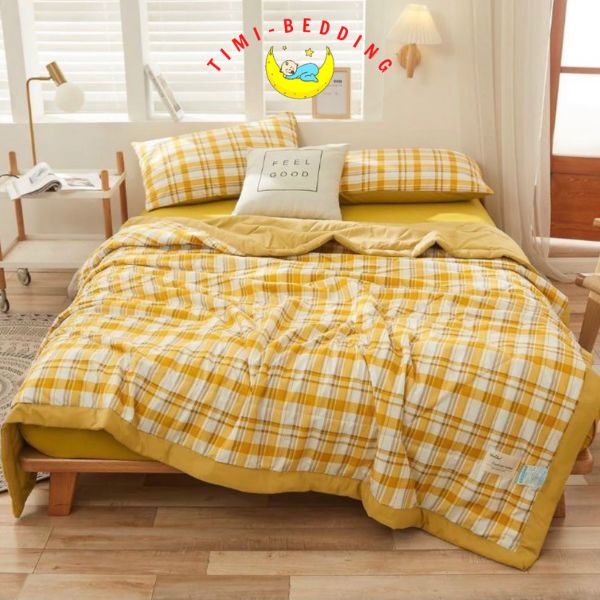 Bộ chăn ga gối cotton tici chăn trần kẻ cao cấp nhập khẩu 4 món – drap trải giường – Timibedding