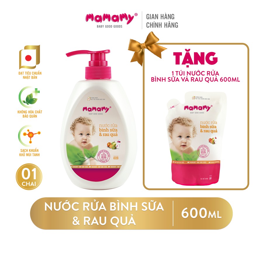 Nước rửa bình sữa và rau củ Mamamy 600ml - Combo 1 chai tặng 1 túi nước rửa cùng loại