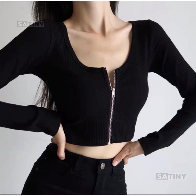 Áo croptop tay dài DÂY KÉO NGỰC thun gân Ulzzang, Áo thun nữ dài tay chất vải tốt mặc đẹp Satiny DB64