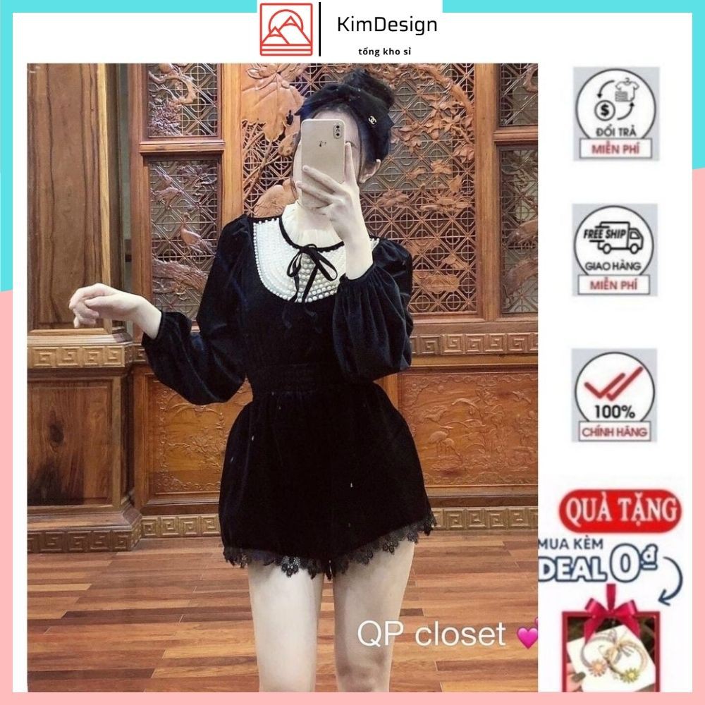 Áo nhung tiểu thư tay phồng thắt nơ đính ngọc freesize KimDesign A007