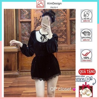 Áo nhung tiểu thư tay phồng thắt nơ đính ngọc freesize KimDesign A007