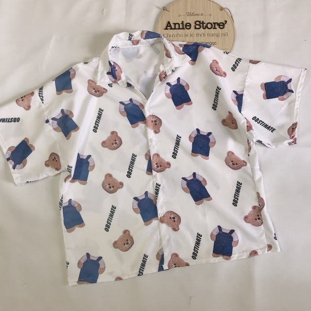 Áo Sơ Mi Cộc Tay Gấu Mặc Yếm 🦋 Áo Somi Unisex Dáng Rộng Ngắn Tay 🦋