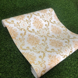 Giấy dán tường hoa văn vàng dài 10 mét rộng 45cm - decal dán tường phòng khách có sẵn keo