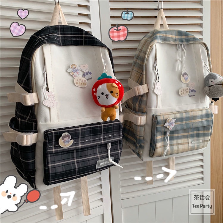 Ba Lô Vải Canvas Họa Tiết Caro M7Ii Phong Cách Hàn Quốc Cho Nữ Sinh