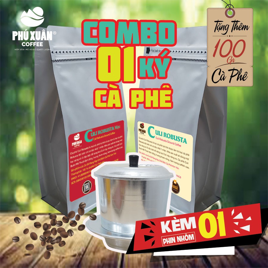 COMBO 1kg (2 gói) 2 loại cà phê Culi Robusta MỘC VÀ CÓ BƠ Phú Xuân Coffee - Cafe bột rang xay pha phin