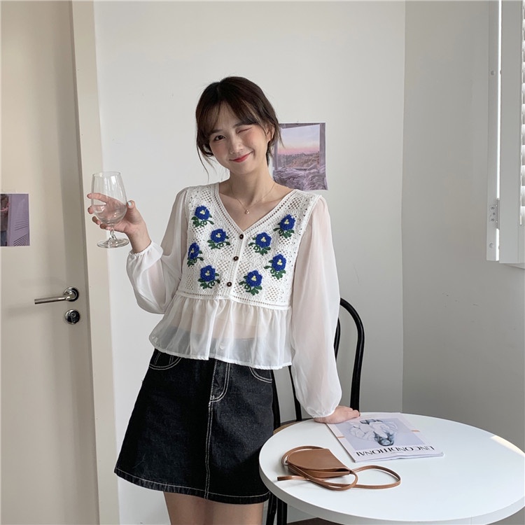 SUXI Áo Sơ Mi Tay Dài Cổ Chữ V In Họa Tiết Hoa Phong Cách Vintage Hàn Quốc