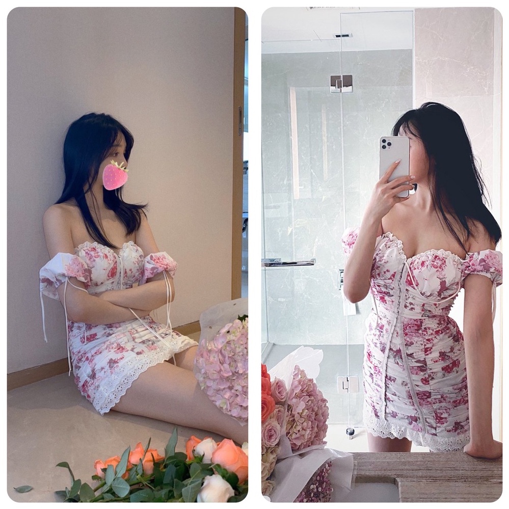 Đầm hoa nữ dáng ôm trễ vai tay ngắn Emilyshop