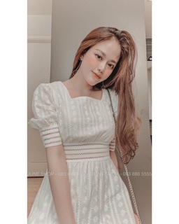 Váy trắng cổ vuông tiểu thư