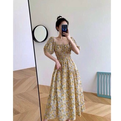 ĐẦM MAXI NỮ TAY PHỒNG DÁNG XÒE BO CHUN EO SIÊU TÔN DÁNG, ĐẦM HOA TIỂU THƯ BÁNH BÈO