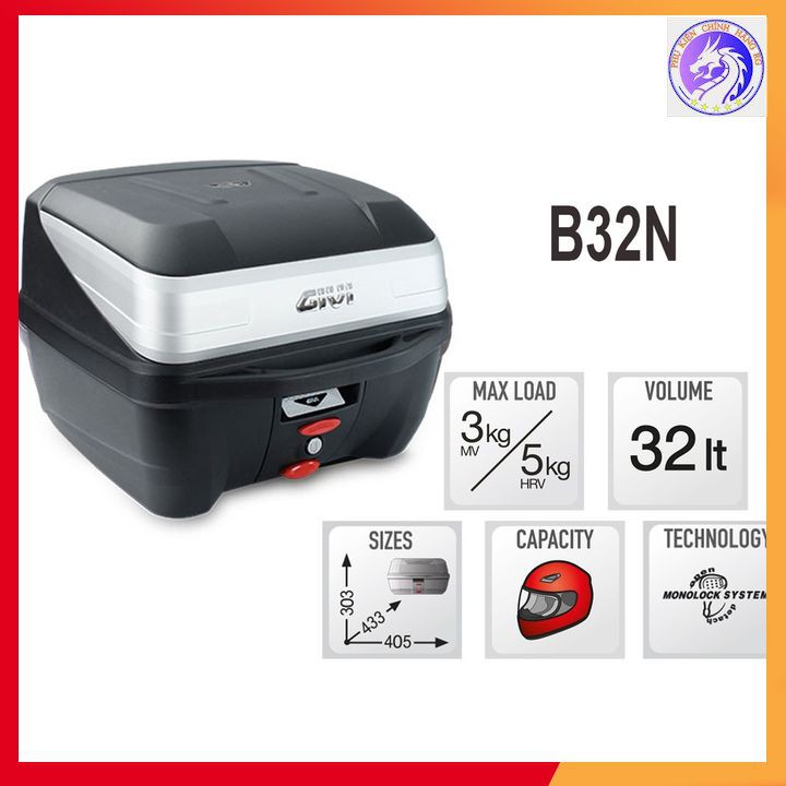 Thùng Sau Gắn Xe Máy GIVI B32N Thùng Chở Đồ Givi Dung Tích 32 Lít Cốp Đựng Đồ Lớn Bảo Hành 2 Năm