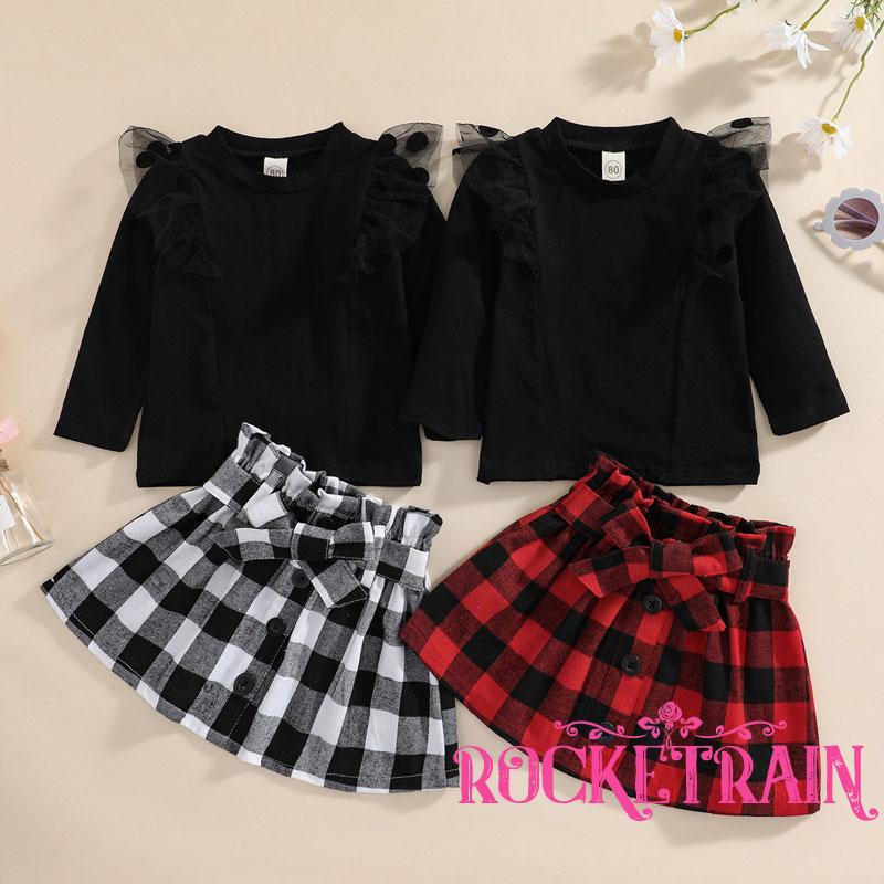 ❃Oz♥Set áo tay dài phối lưới + chân váy ngắn kẻ sọc thời trang cho bé gái