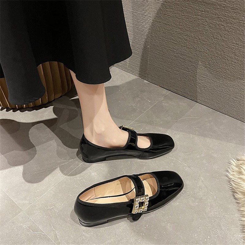 Giày búp bê nữ mũi vuông chất da bóng quai dán đá vuông xinh xắn