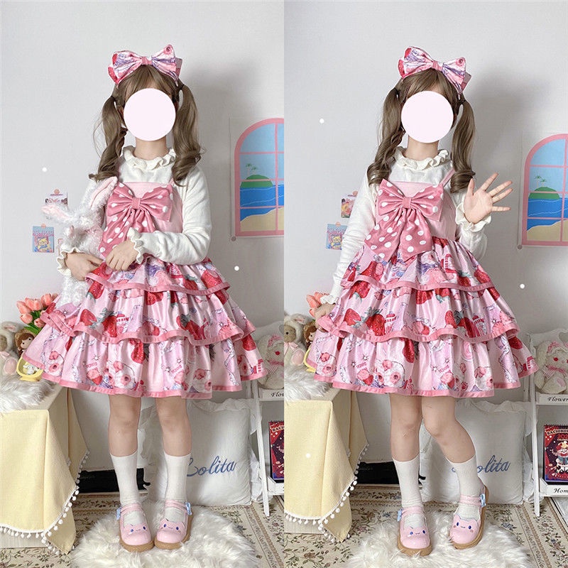 Đầm lolita Hai Dây Đính Nơ Họa Tiết Quả Dâu Thắt Nơ Dễ Thương