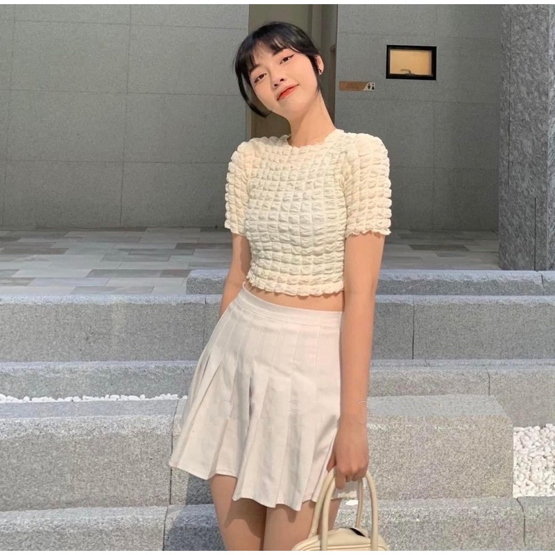 Áo Croptop Chất Caro Xốp Nữ  🌸 Thun kiểu body cộc tay dáng ôm viền bèo tiểu thư đường phố hàn quốc 🌸