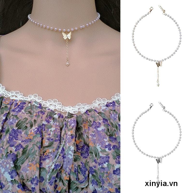 Vòng cổ Mặt Hình Bướm Ngọc Trai Dịu Dàng Phong Cách Retro