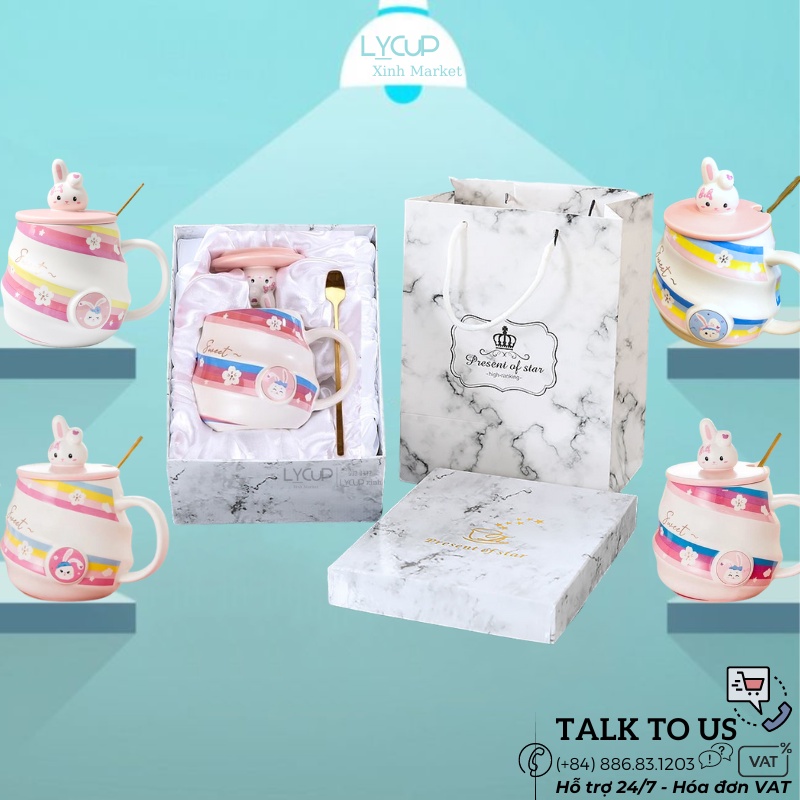 Ly sứ RAINBOW BUNNY cao cấp CÓ NẮP và THÌA dung tích 400ml, họa tiết THỎ , cốc sứ quà tặng thông điệp yêu thương ý nghĩa