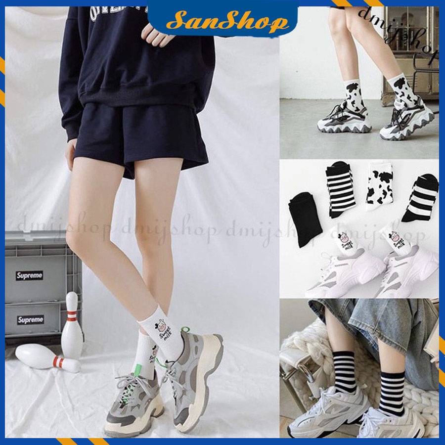 Tất bò sữa cổ cao dễ thương, tất cao cổ hàn quốc họa tiết bò sữa cute