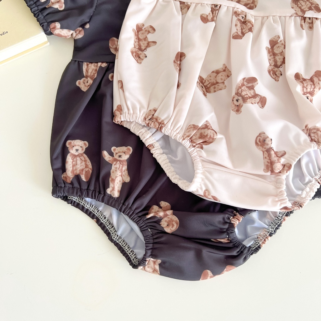 Bộ Đồ Bơi Liền Thân Tay Ngắn In Hình Gấu + Mũ Thời Trang Mùa Hè Cho Bé Gái