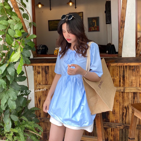 Áo babydol thắt nơ xinh đẹp, áo sơ mi nữ sinh ngắn tay V43 thời trang nữ emmei