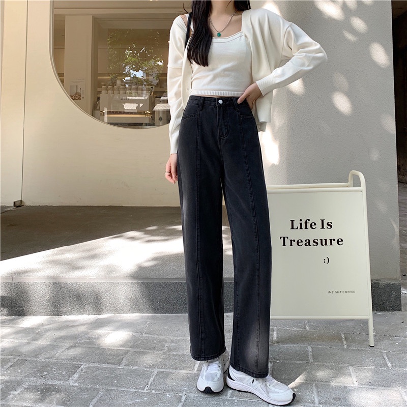 Quần jean SUXI ống rộng lưng cao dễ phối đồ thời trang xuân thu cho nữ