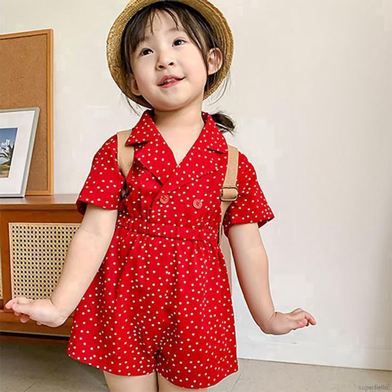 Jumpsuit lụa Ngắn Tay, Họa Tiết nhí Cho Bé Gái