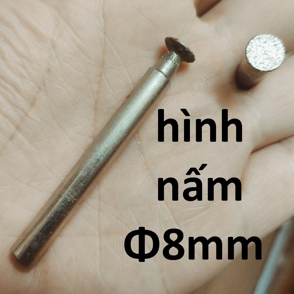 Mũi mài kim cương, mũi mài khắc đá, ngọc, hình nấm 8mm, cán 6mm