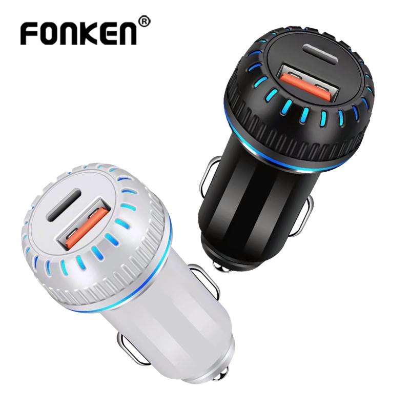 Dual Port Car Charger Fonken 2A Fast Charging Type C Charging Adapter with Backlight