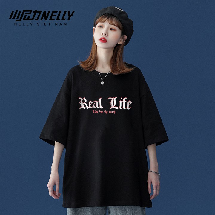 Áo thun unisex NELLY chất cotton tay lỡ dáng rộng in hình reallife